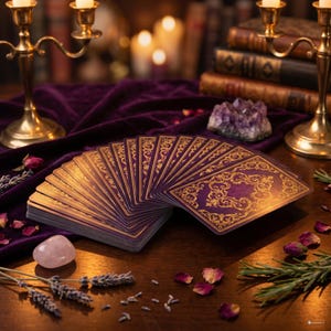 May include: A deck of tarot cards fanned out, featuring a deep purple background with intricate gold filigree borders and central ornate patterns. The cards are displayed alongside brass candle holders, an amethyst cluster, and rose petals.