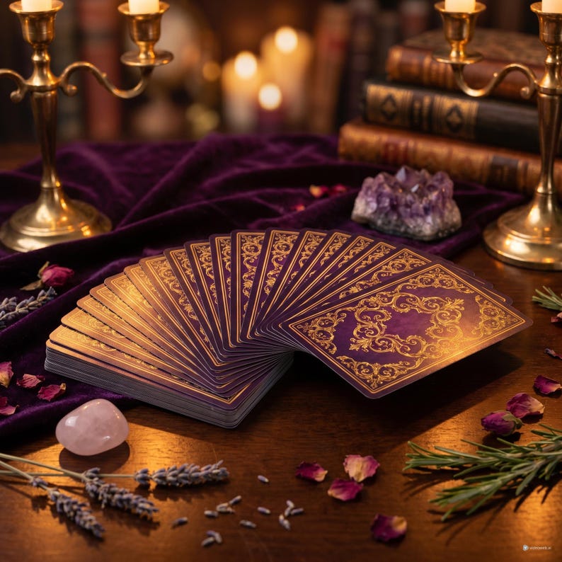 May include: A deck of tarot cards fanned out, featuring a deep purple background with intricate gold filigree borders and central ornate patterns. The cards are displayed alongside brass candle holders, an amethyst cluster, and rose petals.