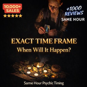 May include: Image featuring a person holding a tarot card, with text reading "EXACT TIME FRAME When Will It Happen?" and "Same Hour Psychic Timing." The image also includes lit candles and a small bowl with flames.
