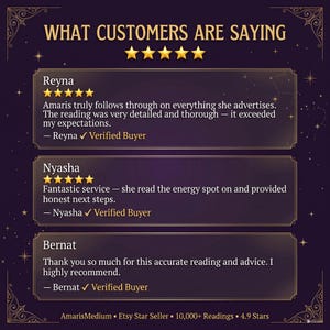 May include: A graphic featuring customer reviews. The headline reads "WHAT CUSTOMERS ARE SAYING". Three testimonials are shown, each with a 5-star rating and positive feedback. The seller, AmarisMedium, is identified as an Etsy Star Seller.