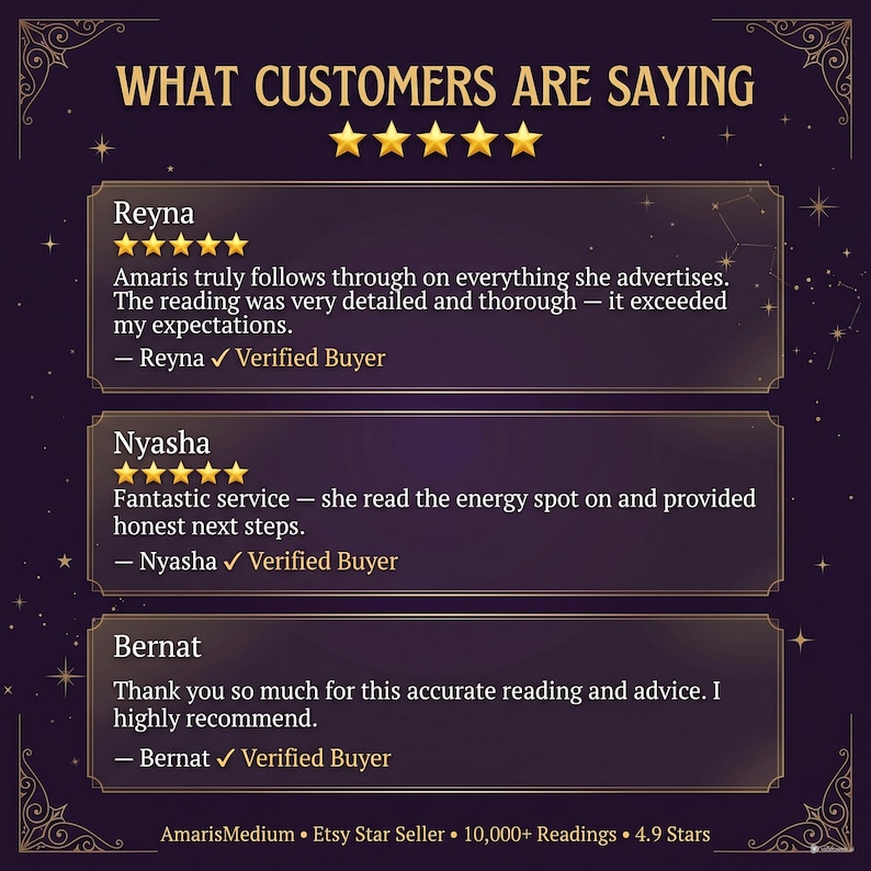 May include: A graphic featuring customer reviews. The headline reads "WHAT CUSTOMERS ARE SAYING". Three testimonials are shown, each with a 5-star rating and positive feedback. The seller, AmarisMedium, is identified as an Etsy Star Seller.