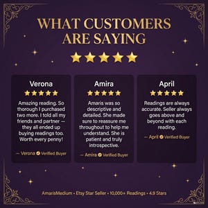 May include: A graphic with customer reviews on a dark purple background, with gold stars and accents. The text reads "WHAT CUSTOMERS ARE SAYING". The Etsy Star Seller has over 10,000 readings and 4.9 stars. Reviews are in black text.