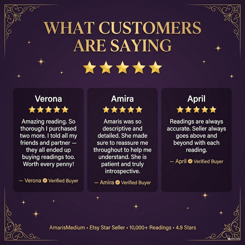 May include: A graphic with customer reviews on a dark purple background, with gold stars and accents. The text reads "WHAT CUSTOMERS ARE SAYING". The Etsy Star Seller has over 10,000 readings and 4.9 stars. Reviews are in black text.