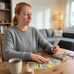 May include: A woman with red hair in a grey sweater is seated at a wooden table, holding a tarot card. Several tarot cards are fanned out on the table, along with a cup of tea, a lit candle, and glasses. A bookshelf and sofa are in the background.