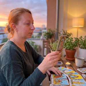 May include: A person holding a tarot card with a golden border, depicting a figure within a wreath. Several other tarot cards are spread on a wooden table. A lit candle, a mug, and potted plants are also on the table.