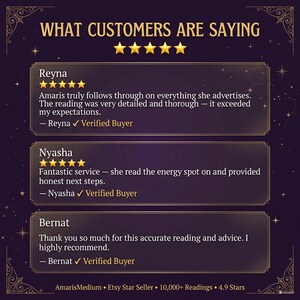 May include: A dark purple graphic featuring the text WHAT CUSTOMERS ARE SAYING with five gold stars. Three customer reviews are displayed in rectangular boxes, each with five gold stars, names, and the text Verified Buyer. Bottom text reads AmarisMedium.