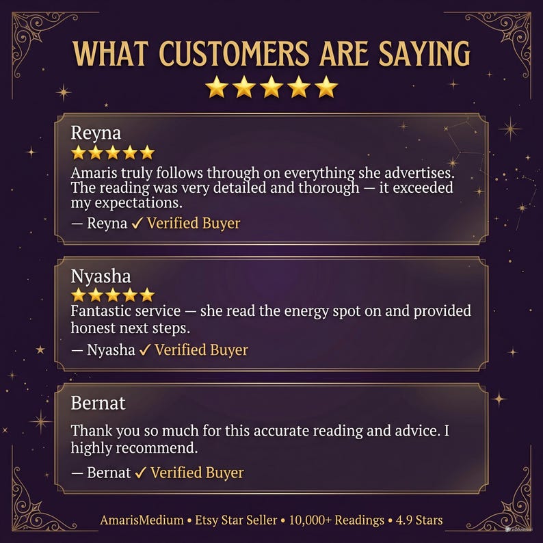 May include: A dark purple graphic featuring the text WHAT CUSTOMERS ARE SAYING with five gold stars. Three customer reviews are displayed in rectangular boxes, each with five gold stars, names, and the text Verified Buyer. Bottom text reads AmarisMedium.