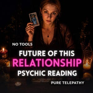 May include: A person holding a tarot card with text overlay reading NO TOOLS FUTURE OF THIS RELATIONSHIP PSYCHIC READING PURE TELEPATHY. The scene is dimly lit with candles and lanterns, featuring a person wearing a dark top and a necklace.