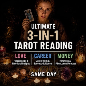 May include: A digital graphic featuring the text ULTIMATE 3-IN-1 TAROT READING, LOVE Relationships & Emotional Insights, CAREER Career Path & Success Guidance, MONEY Finances & Abundance Forecast, and SAME DAY, with a person holding a tarot card.