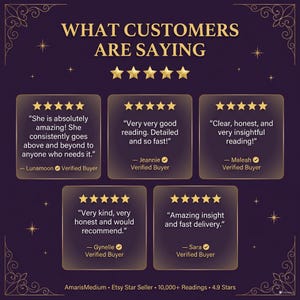 May include: A dark purple graphic featuring the text WHAT CUSTOMERS ARE SAYING in gold, with five gold stars. Five review boxes display five-star ratings and testimonials from verified buyers named Lunamoon, Jeannie, Maleah, Gynelle, and Sara.