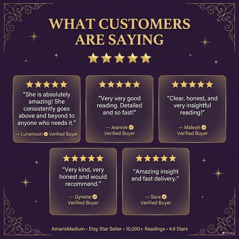 May include: A dark purple graphic featuring the text WHAT CUSTOMERS ARE SAYING in gold, with five gold stars. Five review boxes display five-star ratings and testimonials from verified buyers named Lunamoon, Jeannie, Maleah, Gynelle, and Sara.