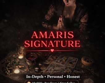 May include: Image featuring the text "AMARIS SIGNATURE" in red, with a person in the background. The image also includes the text "+1,000 REVIEWS", "In-Depth • Personal • Honest", "10,000+ Readings | Star Seller". Tarot cards and candles are visible.