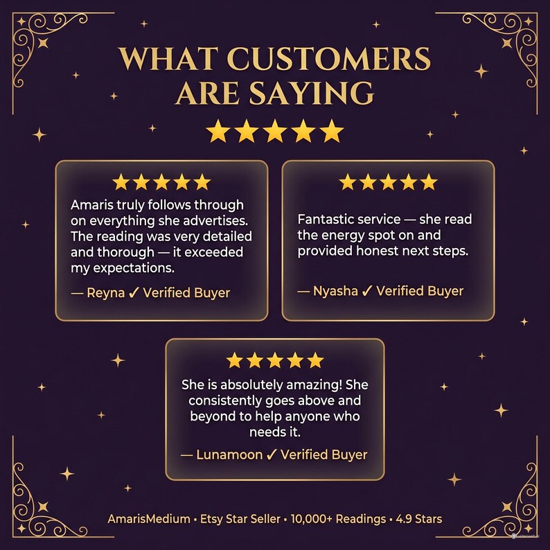 May include: A dark purple graphic with gold stars and decorative borders. The text reads "WHAT CUSTOMERS ARE SAYING" above three customer reviews with five-star ratings. The reviews are from verified buyers.