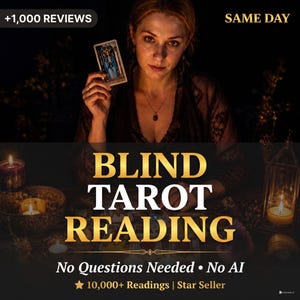 May include: An image promoting a blind tarot reading service. A woman holds a tarot card, with text overlayed: "BLIND TAROT READING", "No Questions Needed • No AI", and "10,000+ Readings | Star Seller". The image has a dark, mystical aesthetic.