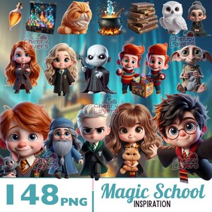 May include: A digital illustration set with a magic school theme, featuring cartoon characters, a cauldron, books, and an owl. The image includes the text "Magic School Inspiration" and "148 PNG".