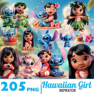 Pode incluir: Uma coleção de arte digital com personagens do filme de animação Lilo & Stitch. A imagem mostra várias ilustrações de Lilo e Stitch em diferentes poses, com um tema havaiano. O texto "205 PNG Hawaiian Girl Inspiration" também está incluído.