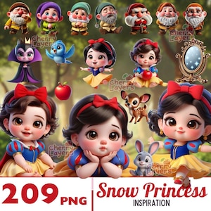 以下が含まれることがあります： 白雪姫をテーマにしたデジタルグラフィックのコレクション。画像には、白雪姫、七人の小人、青い鳥、鹿、ウサギ、リンゴ、魔法の鏡のイラストが描かれています。下部のテキストは「209 PNG Snow Princess Inspiration」と表示されています。