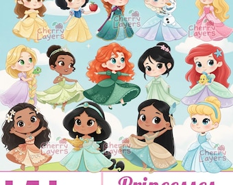 May include: A collection of 12 cartoon princess illustrations in various gowns, with a blue sky background. Each princess has a unique hairstyle and dress color. The image includes the text "151 PNG" and "Princesses INSPIRATION".