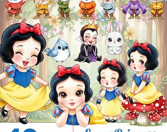 Cute baby Snow White watercolor clipart, Snow White PNG, Hand-drawn, Snow White watercolor PNG, Princess party decoration, Fairy Tale PNG