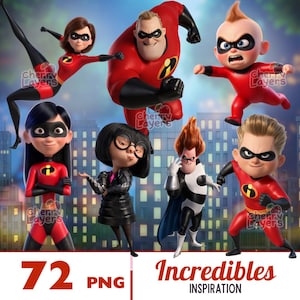 Op de afbeelding: Een digitale afbeelding met personages uit de animatiefilm "The Incredibles". De personages staan in verschillende actieposes en dragen hun kenmerkende rode en zwarte superheldenpakken. De afbeelding bevat de tekst "72 PNG" en "Incredibles INSPIRATION."