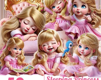 Cute Sleeping Beauty Princess 3D Digital Clipart Bundle, Princess PNG, Fairytale Art, Castle, Sleeping Princess Clipart