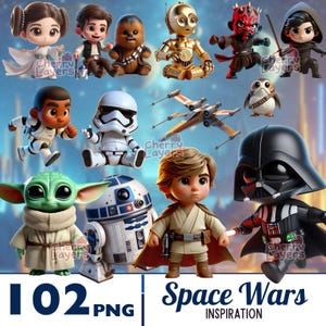 Pode incluir: Uma coleção de figuras em estilo cartoon da franquia Space Wars. As figuras incluem personagens como Darth Vader, Luke Skywalker e R2-D2. A imagem também inclui o texto "102 PNG Space Wars INSPIRATION".