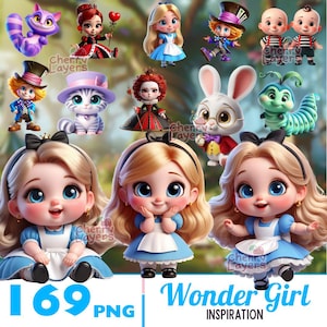 Pode incluir: Uma ilustração digital com personagens de Alice no País das Maravilhas. A imagem inclui Alice, o Chapeleiro Maluco, a Rainha de Copas, o Gato de Cheshire e o Coelho Branco. O texto "Wonder Girl Inspiration" é exibido na parte inferior.
