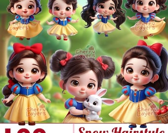 Peut inclure: Plusieurs illustrations de dessins animés de Blanche-Neige avec différentes coiffures. Chaque personnage porte une robe bleue et jaune avec un nœud rouge. L'image comprend le texte "100 PNG" et "Snow Hairstyle Inspiration".