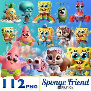 Puede incluir: Una colección de ilustraciones de personajes de dibujos animados, incluyendo Bob Esponja y Patricio Estrella, junto con otros personajes. La imagen incluye el texto "Sponge Friend Inspiration" y "112 PNG".