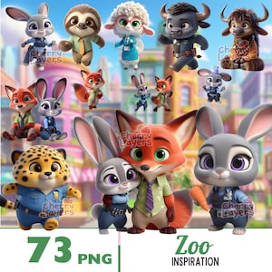 Puede incluir: Una colección de imágenes de personajes de dibujos animados de la película Zootrópolis. Los personajes incluyen un zorro, un conejo, un guepardo, un perezoso, una oveja y un búfalo. La imagen también incluye el texto "73 PNG" y "Zoo Inspiration".