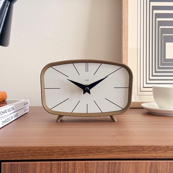 Mid Century Modern Clock: Walnut Print and Soft Grey Face, Retro Desk Decor