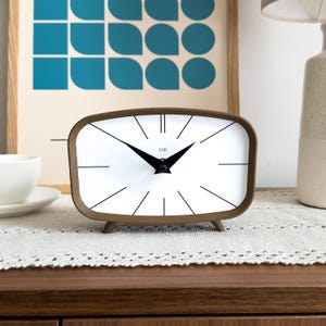 Mid Century Modern Clock: Walnut Print and Simple White Face, Retro Desk Decor