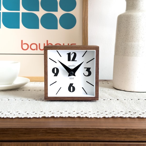 Mid Century Modern Walnut Desk Clock 4x4 – Handmade Solid Wood – Minimalist Mantel Clock – The Apollo