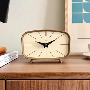 Mid Century Modern Clock: Walnut Print and Natural Almond Face, Retro Desk Decor