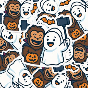 Halloween Bigfoot Ghost Sticker  Cute Cartoon Vinyl Sticker | Spooky Selfie with Pumpkin | Funny Cryptid Halloween Laptop Decal