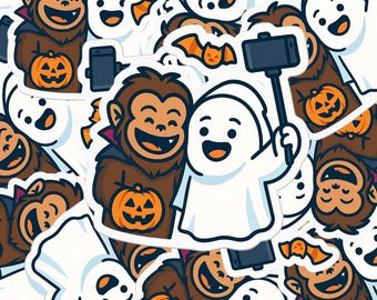 Pegatina de vinilo de dibujos animados de fantasma de Pie Grande para Halloween, autofoto espeluznante con calabaza, divertida calcomanía de Halloween para computadora portátil con críptido.