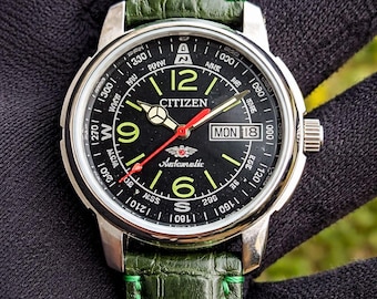 Citizen Automatic Vintage Field Watch Black Dial Day Date Japan Made