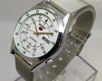 Vintage Seiko 5 Automatic Watch, White Dial, Mesh Strap