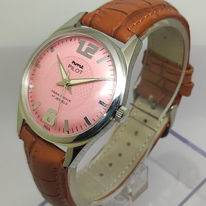 Vintage HMT Pilot Mechanical Watch: Pink Dial, Stainless Steel Case