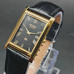 Vintage Seiko Slim Tank Quartz Black Dial Men's Wrist Watch