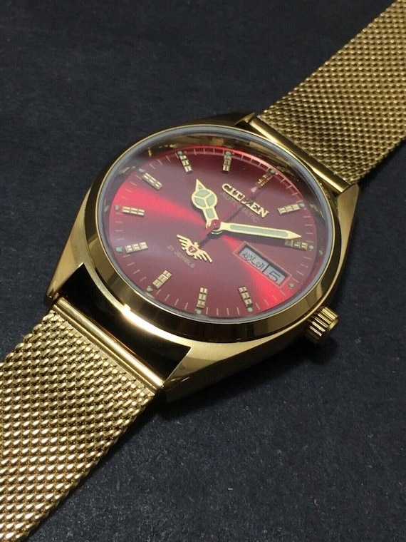 Citizen Automatic Gold Watch Red Dial 21 Jewels Vintage Style Japan Men's Wristwatch