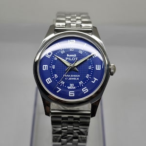 Vintage HMT Refurbished Pilot Blue Dial Mechanical Watch Rare Indian 17 Jewels Para Shock Hand Winding Men&#39;s Timepiece