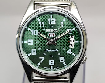 Reloj de pulsera automático japonés Seiko 5 vintage con esfera verde para hombre