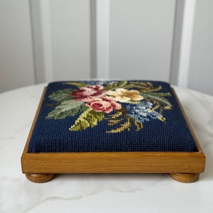 Rare Vintage Needlepoint Footstool, Floral Tapestry Upholstered Stool, Solid Wood Base