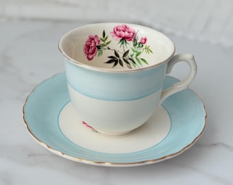 Vintage Royal Staffordshire Teacup & Saucer: Blue Floral Cottagecore Tea Set
