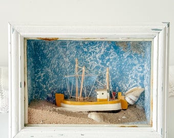 Vintage Fishing Boat Diorama in Wooden Frame, Nautical Coastal Wall Art, Beach House Decor