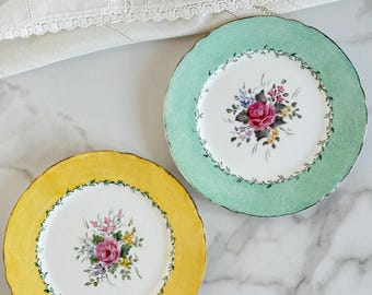 Vintage Shelley Floral Dessert Plates, English Fine China Pair, Green & Yellow