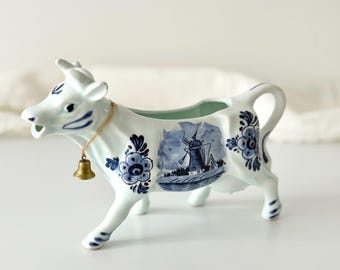 Jarra de crema vintage DBL Delft con forma de vaca, jarra de leche holandesa azul y blanca, cerámica holandesa pintada a mano, decoración de cocina rústica.