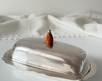 Vintage Silver Plate Butter Dish with Lid, Retro Butter Keeper, Mid Century Tableware, Serving Dish with Amber Finial Handle, Kitchen Decor