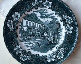 Vintage Royal Tudor Ware Plate, Coaching Taverns Green Transferware, English China (25 cm)